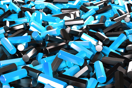A pile of black and blue hexagon details. Abstract background. 3D rendering illustrationの写真素材