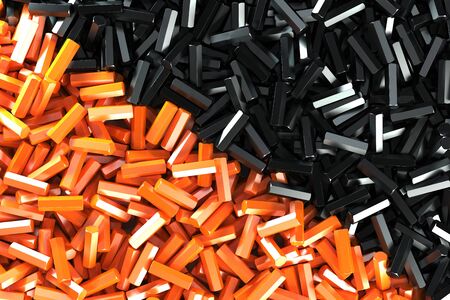 A pile symmetrically distributed black and orange hexagon details. Abstract background. 3D rendering illustrationの写真素材