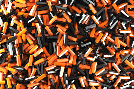 A pile of black and orange hexagon details. Abstract background. 3D rendering illustrationの写真素材