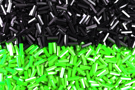 A pile symmetrically distributed black and green hexagon details. Abstract background. 3D rendering illustrationの写真素材