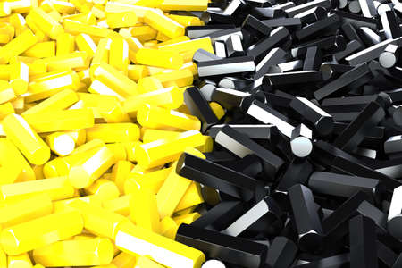 A pile symmetrically distributed black and yellow hexagon details. Abstract background. 3D rendering illustrationの写真素材