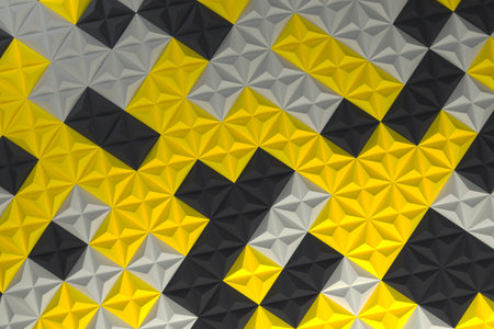 Pattern of black, white and yellow pyramid shapes. Wall of pyramid tiles. Abstract background. 3D...