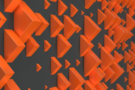 Orange rectangular shapes of random size on black background. Wall of cubes. Abstract background. 3D...