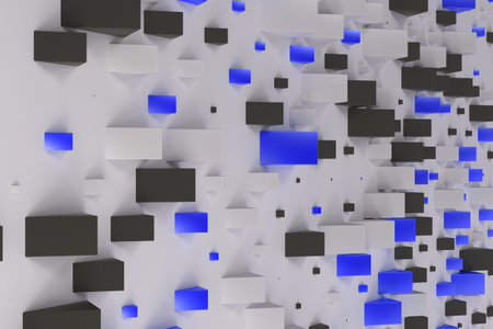 Black, white and blue rectangular shapes of random size on white background. Wall of cubes. Abstract...