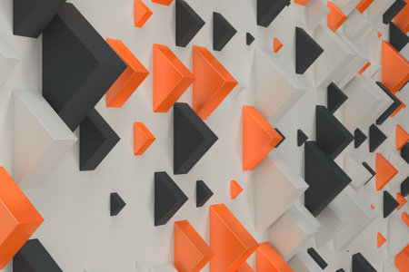 Black, white and orange rectangular shapes of random size on white background. Wall of cubes....