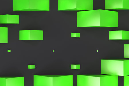 Green rectangular shapes of random size on black background. Wall of cubes. Abstract background. 3D rendering illustrationの写真素材