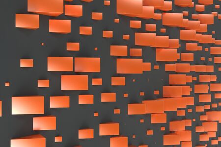 Orange rectangular shapes of random size on black background. Wall of cubes. Abstract background. 3D rendering illustrationの写真素材