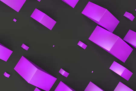 Violet rectangular shapes of random size on black background. Wall of cubes. Abstract background. 3D rendering illustrationの写真素材