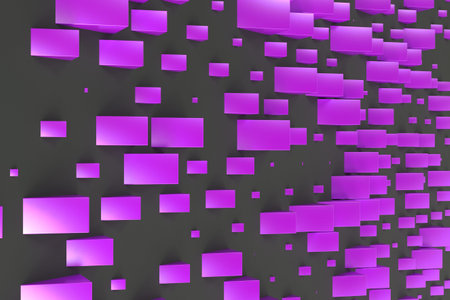 Violet rectangular shapes of random size on black background. Wall of cubes. Abstract background. 3D...
