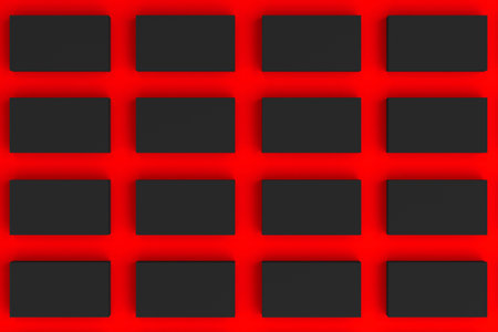 Black blank business cards mock-up on red background. Corporate stationery template. 3D rendering illustrationの写真素材