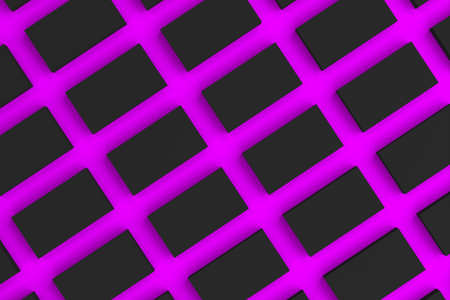 Black blank business cards mock-up on violet background. Corporate stationery template. 3D rendering illustrationの写真素材