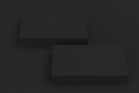 Black blank business cards mock-up on black background. Corporate stationery template. 3D rendering illustrationの写真素材