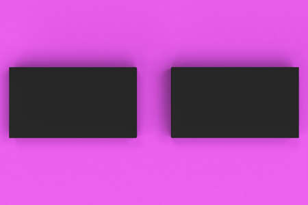 Black blank business cards mock-up on violet background. Corporate stationery template. 3D rendering illustrationの写真素材