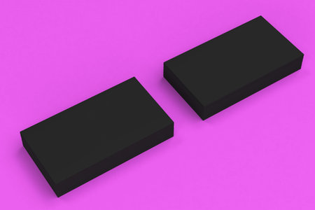 Black blank business cards mock-up on violet background. Corporate stationery template. 3D rendering illustrationの写真素材