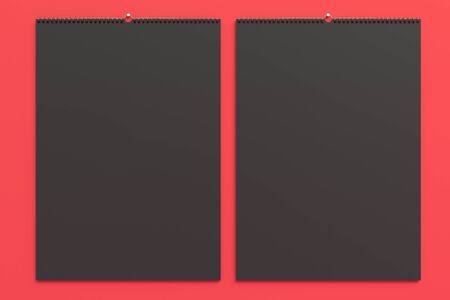 Black wall calendar mock-up on red background. Blank spiral calendar template. 3D rendering illustrationの写真素材