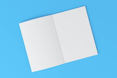 Blank white open brochure mock-up on blue background. Magazine spreads template. 3D rendering illustrationの写真素材