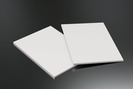 Two blank white closed brochure mock-up on brushed metal background. Magazine cover template. 3D...