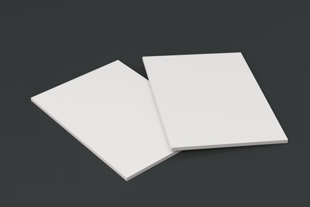 Two blank white closed brochure mock-up on black background. Magazine cover template. 3D rendering illustrationの写真素材
