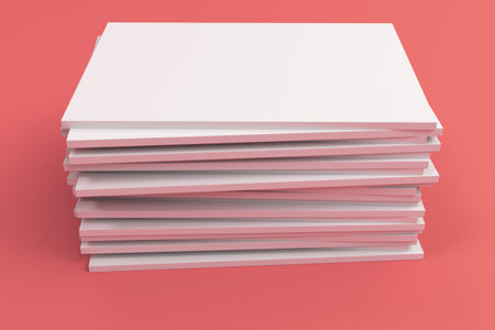 Stack of blank white closed brochure mock-up on red background. Magazine cover template. 3D...