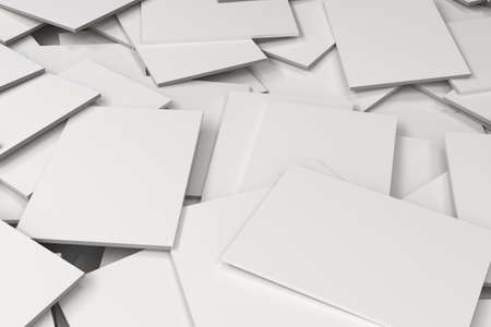Pile of blank white closed brochures mockup. Magazine cover template. 3D rendering illustrationの写真素材