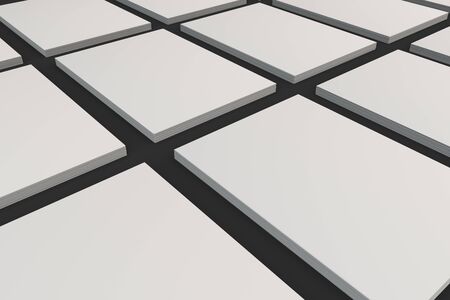 Stacks of white flyers on black background. Grid of blank flyers mockup. Poster or paper sheet template. 3D rendering illustrationの写真素材