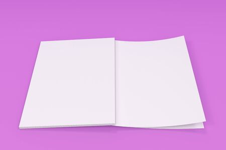 Mockup of blank white open brochure lying with cover upside on violet background. Magazine cover template. 3D rendering illustrationの写真素材