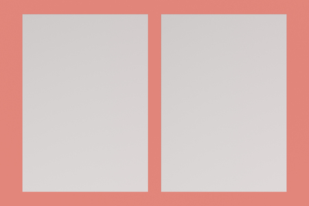 Two blank white flyers mockup on red background. Poster or paper sheet template. 3D rendering illustrationの写真素材