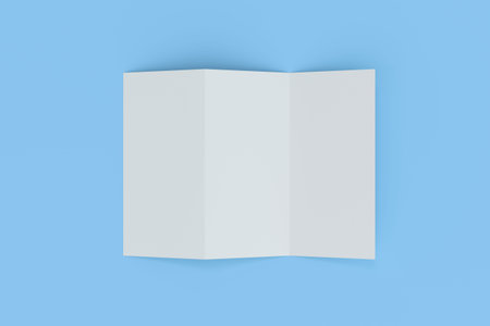 Blank white three fold brochure mockup on blue background. Leaflet or booklet template. 3D rendering...