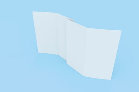 Blank white two fold brochure mockup on blue background. Clean postcard. Leaflet or booklet template. 3D rendering illustrationの写真素材