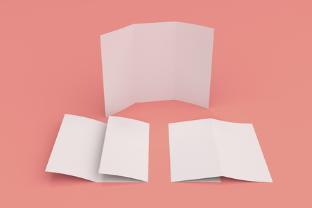 Blank white three fold brochure mockup on red background. Leaflet or booklet template. 3D rendering illustrationの写真素材