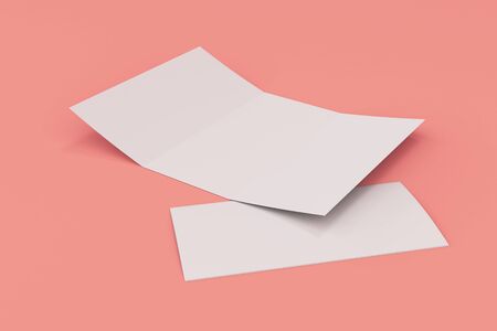 Blank white open three fold brochure mockup on red background. Open and closed leaflet or booklet template. 3D rendering illustrationの写真素材