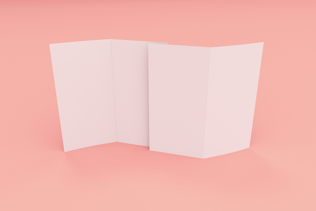 Blank white two fold brochure mockup on red background. Clean postcard. Leaflet or booklet template. 3D rendering illustrationの写真素材