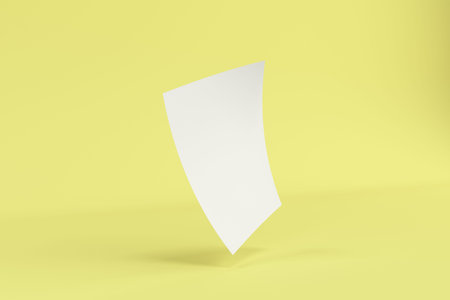 Blank white bended mockup on yellow background. Curved poster or sheet of paper template. 3D rendering illustrationの写真素材