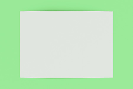 Blank white open three fold brochure mockup on green background. Leaflet or booklet template. 3D rendering illustrationの写真素材