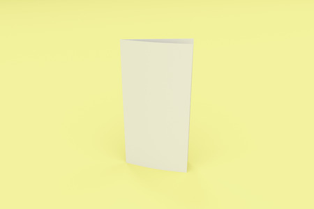 Blank white two fold brochure mockup on yellow background. Clean postcard. Leaflet or booklet template. 3D rendering illustrationの写真素材