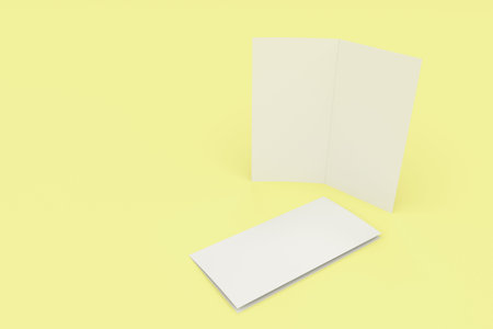 Blank white two fold brochure mockup on yellow background. Clean postcard. Leaflet or booklet...