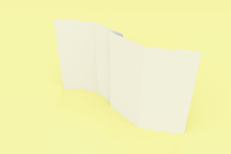 Blank white two fold brochure mockup on yellow background. Clean postcard. Leaflet or booklet...