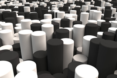 Pattern of black and white cylinders of different length. Monochrome sticks. Abstract background. 3D rendering illustration.の写真素材