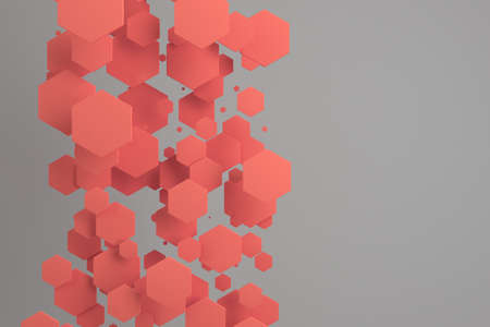 Red hexagons of random size on white background. Abstract background with hexagons. Cloud of hexagons in front of wall. 3D rendering illustrationの写真素材