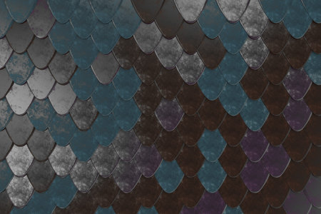 Pattern of rounded roof tiles in different colors. Abstract shingles background. 3D rendering...