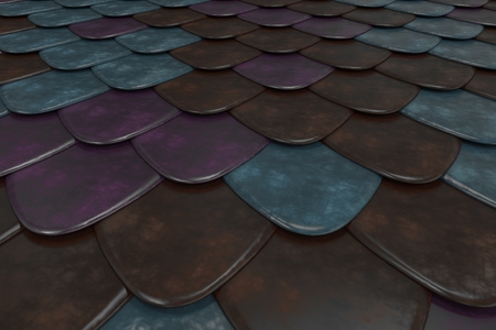 Pattern of rounded roof tiles in different colors. Abstract shingles background. 3D rendering illustrationの写真素材
