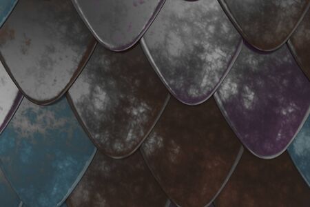 Pattern of rounded roof tiles in different colors. Abstract shingles background. 3D rendering illustrationの写真素材