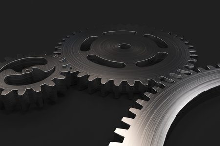Set of metal gears and cogs on black background. Mechanical background. 3D rendering illustration