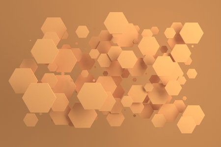 Orange hexagons of random size on orange background. Abstract background with hexagons. Cloud of...