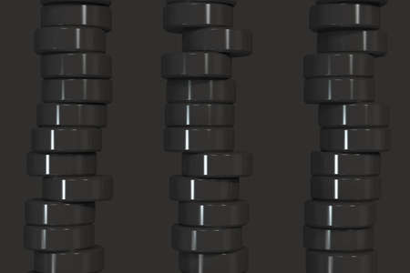 Pattern of black cylinder tablets on black background. Plastic pucks. Abstract background. 3D rendering illustration.の写真素材