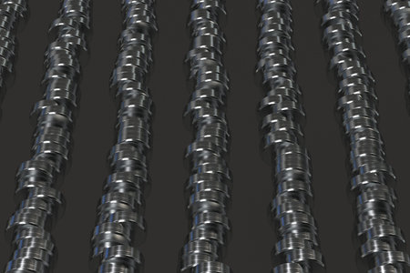 Pattern of brushed metal cylinder tablets on black background. Metal pucks. Abstract background. 3D...