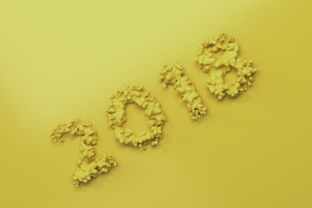 Liquid yellow 2018 number with drops on yellow background. 2018 new year sign. 3D rendering...