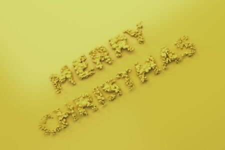 Liquid yellow Merry Christmas words with drops on yellow background. Christmas sign. 3D rendering illustrationの写真素材