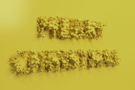 Liquid yellow Merry Christmas words with drops on yellow background. Christmas sign. 3D rendering...