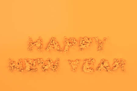 Liquid orange Happy New Year words with drops on orange background. New year sign. 3D rendering illustrationの写真素材